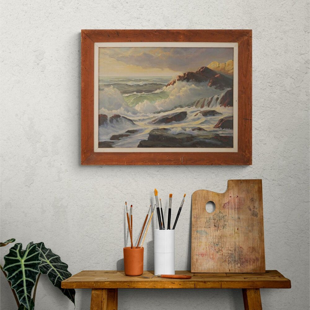 1952 Vintage Coastal Seascape Oil on Canvas by W. R. Carriero – Framed Art
